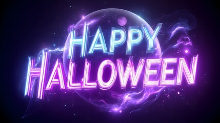 Obraz premium Tech Style Happy Halloween Typography with Neon Light Effects. Generative AI