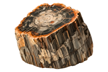 Large chunk of petrified wood showing fossilized tree rings on a transparent background