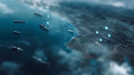 A global logistics network connecting ships planes and cities over a digital map interface