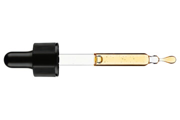 Cosmetic pipette with golden oil dropping from the tip on a transparent background