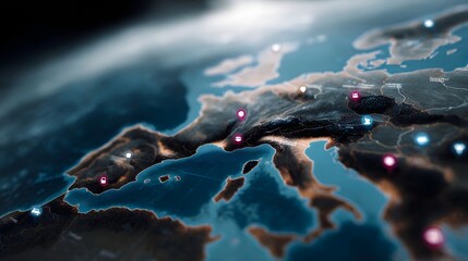 Stylized map of Europe with glowing markers and transportation icons illustrating global logistics and connectivity