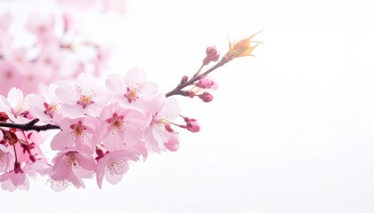 Fototapeta premium Delicate Pink Cherry Blossoms on Branch Against a Soft White Background in Natural Light