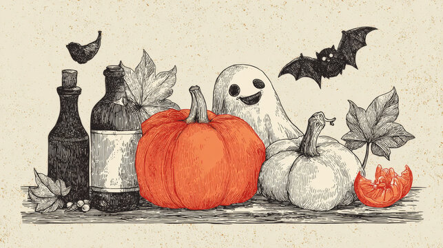 A charming hand-drawn Halloween invitation and greeting card set illustrated in a playful vector style. - Powered by Adobe