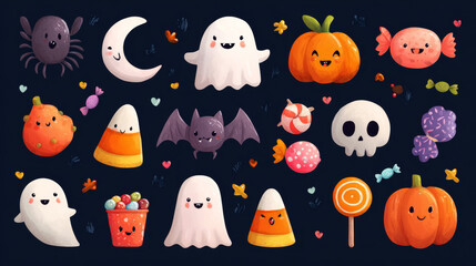 A cheerful Halloween poster set showcasing cute ghosts, pumpkins, bats, candies, skulls, spiders, and moons for festive use.