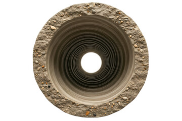 View through the inside of a long round concrete sewer pipe on a transparent background