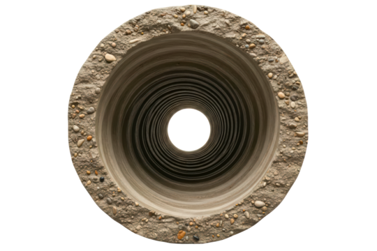 View through the inside of a long round concrete sewer pipe on a transparent background