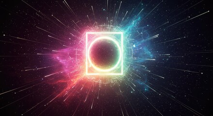 A vibrant neon square and circle pulsate with energy, radiating light outwards into a cosmic nebula.