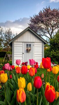 Colorful tulips blooming in front of a white garden shed