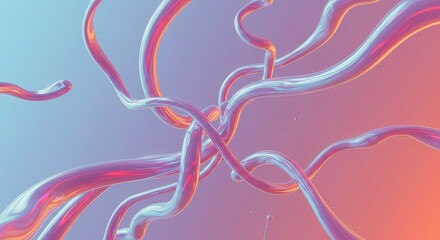 Abstract swirling iridescent strands with a gradient background of blue and orange hues.