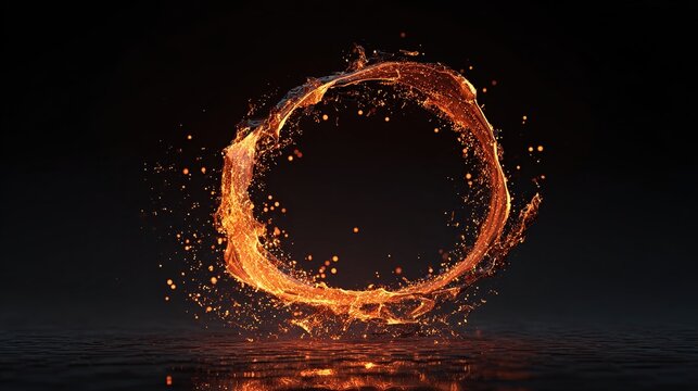 A dynamic fiery ring swirls against a dark backdrop, its particles sparking and splashing, suggesting energy
