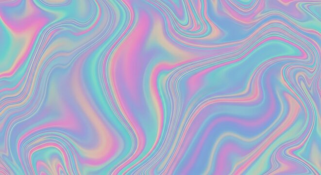 Holographic Rainbow Swirls Background, Abstract Liquid Texture with Pastel Colors and Iridescent