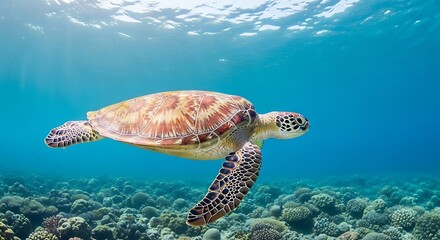 Obraz premium Green Sea Turtle Swimming Gracefully Over Colorful Coral Reef in Tropical Ocean Water