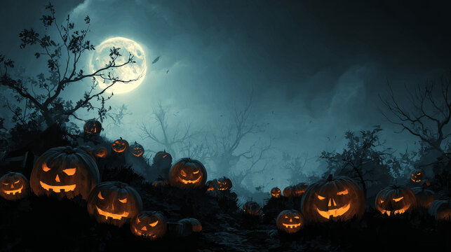 A dark and eerie Halloween night scene illuminated by glowing pumpkins in a moody vector design