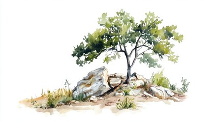 Watercolor Illustration of Tree and Rocks in Natural Landscape