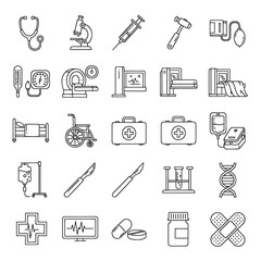 Obraz premium A collection of black and white line art icons representing various medical equipment, tools, and healthcare symbols.