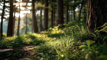 Beautiful spring forest trail illuminated by morning sunlight through treetops, lush greenery and calm mood, large top-left blank space ideal for inspirational quotes, wellness, and nature backgrounds