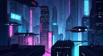 Malam hari di Kota New York, bangunan pencakar langit perkotaan dengan lampu biru memantul di jalanan