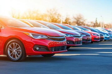 Fototapeta premium Row of Colorful New Cars in Bright Sunlight at a Dealership Lot