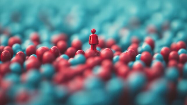 Single Red Figure Surrounded by Blue and Red Balls in Abstract Scene