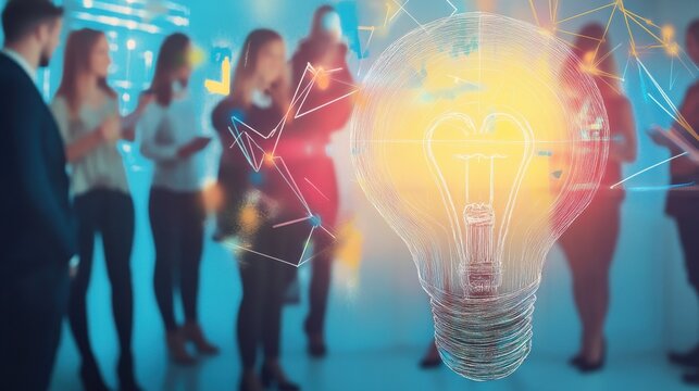 Light bulb graphic with blurred people in office
