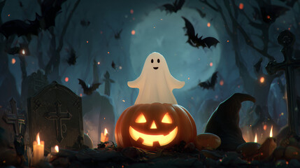 A Halloween-themed poster showing a smiling ghost inside a pumpkin, surrounded by bats, tombstones, and a witch hat--perfect for October 31st trick-or-treat celebrations.
