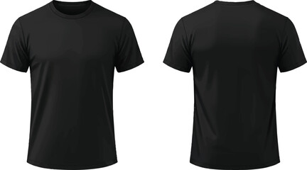 The image showcases a front and back view of a plain black t-shirt against a white background.