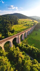 Scenic aerial view of a stone arch railway bridge in a valley