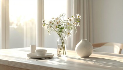Daisies in Glass Vase on Wooden Table with Sunlight in Background Minimalist Interior Design Still Life Home Decor and Natural Light