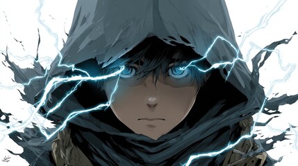 A hooded figure with glowing blue eyes, surrounded by electric energy, stares intently forward