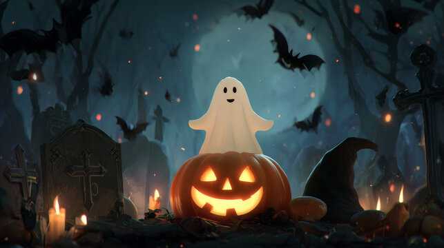A Halloween-themed poster showing a smiling ghost inside a pumpkin, surrounded by bats, tombstones, and a witch hat--perfect for October 31st trick-or-treat celebrations.