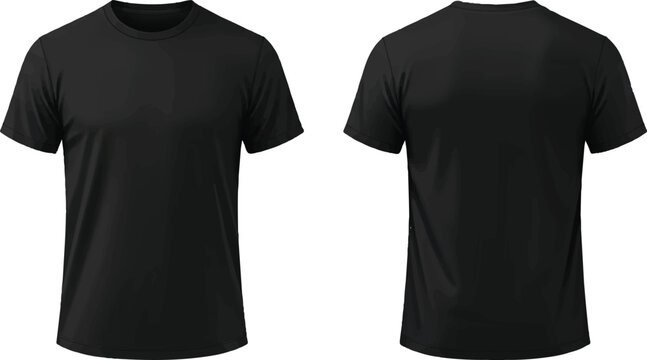 The image showcases a front and back view of a plain black t-shirt against a white background.