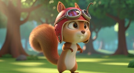 Adorable squirrel pilot cartoon character in the forest with a red helmet and goggles ready for an