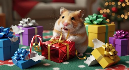 Adorable hamster surrounded by colorful gifts with a festive Christmas tree backdrop