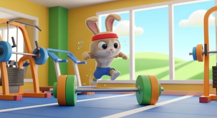 Cartoon bunny character engaged in weightlifting workout at the gym illustration