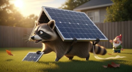 A whimsical raccoon carrying solar panels in a backyard setting showcasing renewable energy