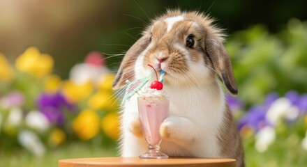 Adorable bunny enjoying a strawberry milkshake outdoors with vibrant flowers and sunshine creating