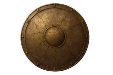 Old cracked medieval round bronze shield, transparent background