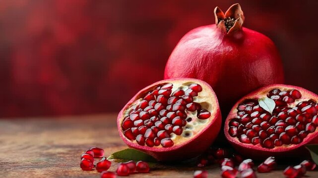 Vivid pomegranate halves and whole fruit arranged on rustic table with rich red background