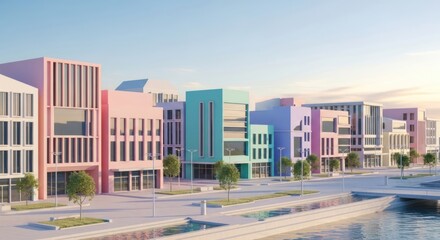Colorful Urban Landscape Featuring Modern Buildings and Water Canal on a Sunny Day
