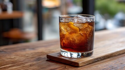 Dark beverage with ice cubes and citrus peel on a wooden table