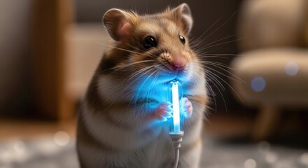 Adorable hamster holding a glowing blue light emitting futuristic vibe in a cozy home setting