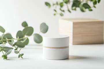 Modern skincare product with wooden accents and greenery backdrop