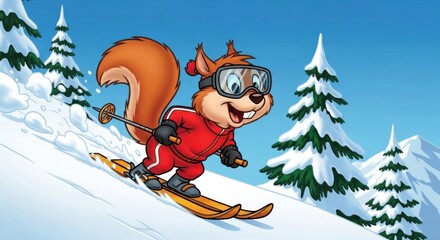 Cartoon squirrel skiing downhill with snowy trees a cheerful winter adventure scene