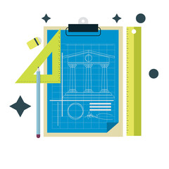 Blueprint on Clipboard with Rulers Pencil and Eraser Flat Vector Graphic on Transparent Background