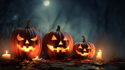 Three glowing pumpkins with carved Faces and candles inside