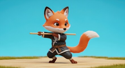 A 3D cartoon fox character practicing martial arts with a stick in a dynamic pose