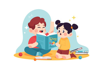 Boy and Girl Enjoying Storybook Reading on Pixelated Sandy Surface with Stars and a Transparent Sky Blue Background Illustration