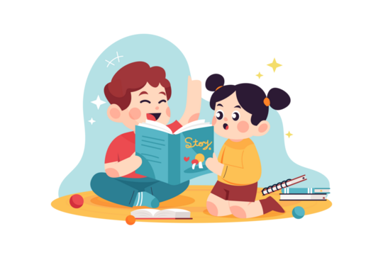 Boy and Girl Enjoying Storybook Reading on Pixelated Sandy Surface with Stars and a Transparent Sky Blue Background Illustration - Powered by Adobe