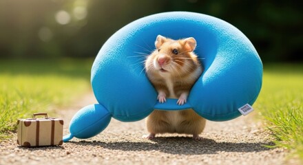 Adorable hamster ready for adventure wearing a travel pillow and miniature suitcase ready to travel