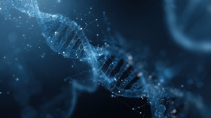 Visual representation combines artificial intelligence and biological elements in blue tones, featuring a pixelated DNA helix and micro molecular structures.